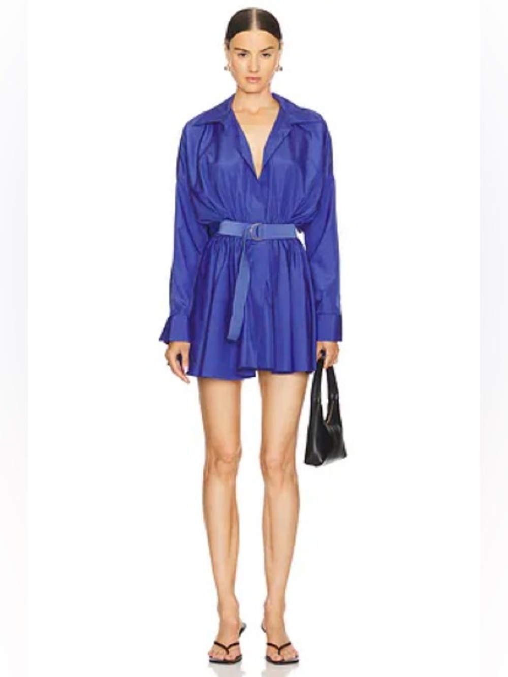 Norma Kamali Super Oversized Boyfriend Shirt Flared Mini Dress in Military Blue